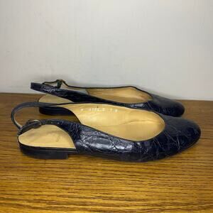 Vintage Polo Ralph Lauren Womens 7B Black Leather Crocodile Slingback Flats